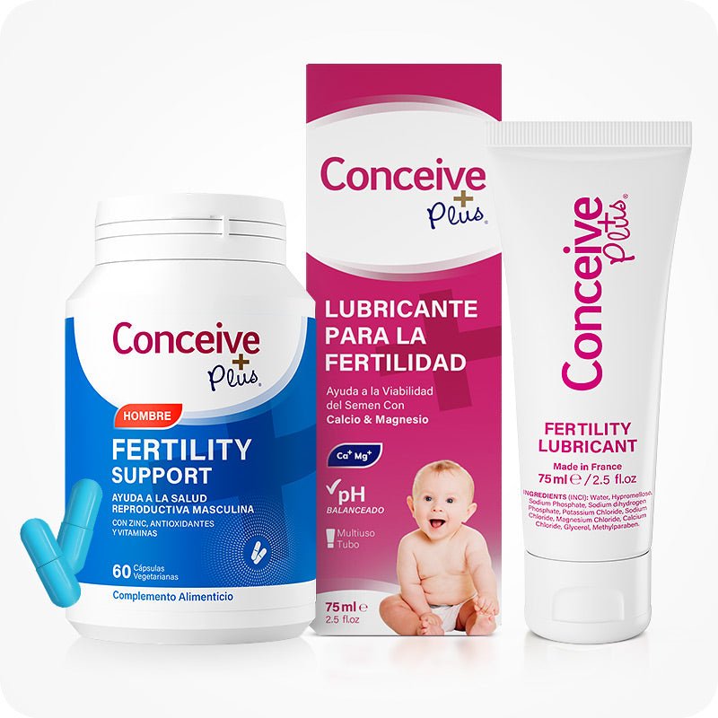 Conceive Plus Men's Fertility Support + Fertility Lubricant (ES) bundle with Fertility Support Hombre and Lubricante para la Fertilidad 75ml. Image shows blue supplement bottle, pink Spanish-language lubricant box with baby icon, and a white tube, arranged on a white backdrop.