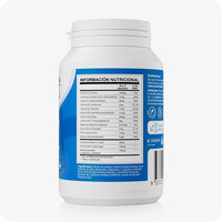 For Conceive Plus Men's Fertility Support + Fertility Lubricant (ES) showing nutrition panel of Fertility Support Hombre. Image displays detailed supplement facts in Spanish, listing vitamin and mineral content per two capsules on a blue and white bottle.