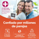 Advertisement for fertility supplements with a couple holding an ultrasound and text in Spanish.
