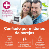 Advertisement for fertility supplements with a couple holding an ultrasound and text in Spanish.