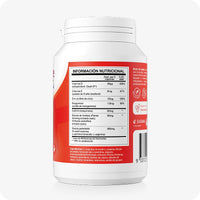 Conceive Plus Men's Motility Support (ES) back label featuring ingredients and nutritional information in Spanish with a white table showing vitamin and mineral quantities per serving, printed against a red background on the side of supplement bottle.