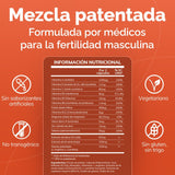 Nutritional information label for a medical formulation for male fertility on an orange background