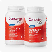 Conceive Plus Men's Motility Support (ES) twin pack of dietary supplements to support male fertility with 60 vegetarian capsules per bottle shown as two identical red and white bottles placed side by side, both labeled in Spanish against a white background.
