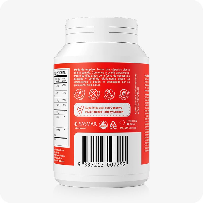 Conceive Plus Men's Motility Support (ES) back label featuring usage instructions and supplement facts in Spanish with a red and white color scheme, nutrition table on the left, multiple certification icons, and a barcode displayed at bottom center of bottle.