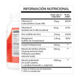 Conceive Plus Men's Motility Support (ES) supplement nutrition facts chart listing active ingredients and daily values in Spanish in a clean black-and-white table, showing detailed amounts of vitamins, minerals, herbal extracts, and patented blends over a partially blurred bottle background.