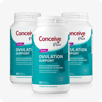 Conceive Plus Ovulation Bundle (ES) showing a 3-pack of Ovulation Support bottles in teal Spanish packaging, arranged front-facing with visible product labels highlighting formulation with myo-inositol, CoQ10, and ginger extract for female reproductive health.