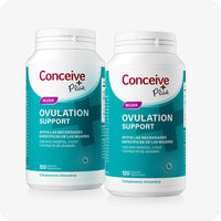 Conceive Plus Ovulation Bundle (ES) displaying two teal-labeled bottles of Ovulation Support side by side in Spanish packaging, highlighting a 2-pack supplement set formulated with myo-inositol, CoQ10, and ginger extract for targeted ovulation health.