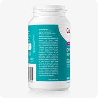 Conceive Plus Ovulation Bundle (ES) showing side label of Ovulation Support bottle with Spanish instructions, medical precautions, distributor details, and barcode partially visible on the left, emphasizing clear usage guidance and authenticity.
