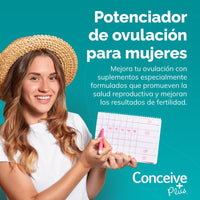 Woman holding a fertility chart with promotional text for Conceive Plus on a teal background