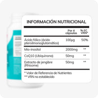 Conceive Plus Ovulation Support (ES) supplement nutritional information table showing nutrient composition per four capsules for women's reproductive support. Image highlights a white box with black text listing folic acid, myo-inositol, CoQ10, and ginger extract, placed over a blurred product background.