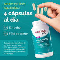 Conceive Plus ovulation support supplement with capsules and text on a teal background