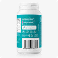 Conceive Plus Ovulation Support (ES) supplement bottle showing product benefits and usage details in Spanish, including ovulation regulation and menstrual comfort. Image displays back of a teal-labeled bottle with nutritional facts, icons, barcode, and text printed in white.