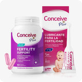 Conceive Plus Women's Fertility Support + Applicators (ES) bundle featuring a white bottle with a magenta and purple label, two light pink capsules, a white and pink lubricant applicators box, and a white single-use applicator, all displaying Spanish text for product details and usage.