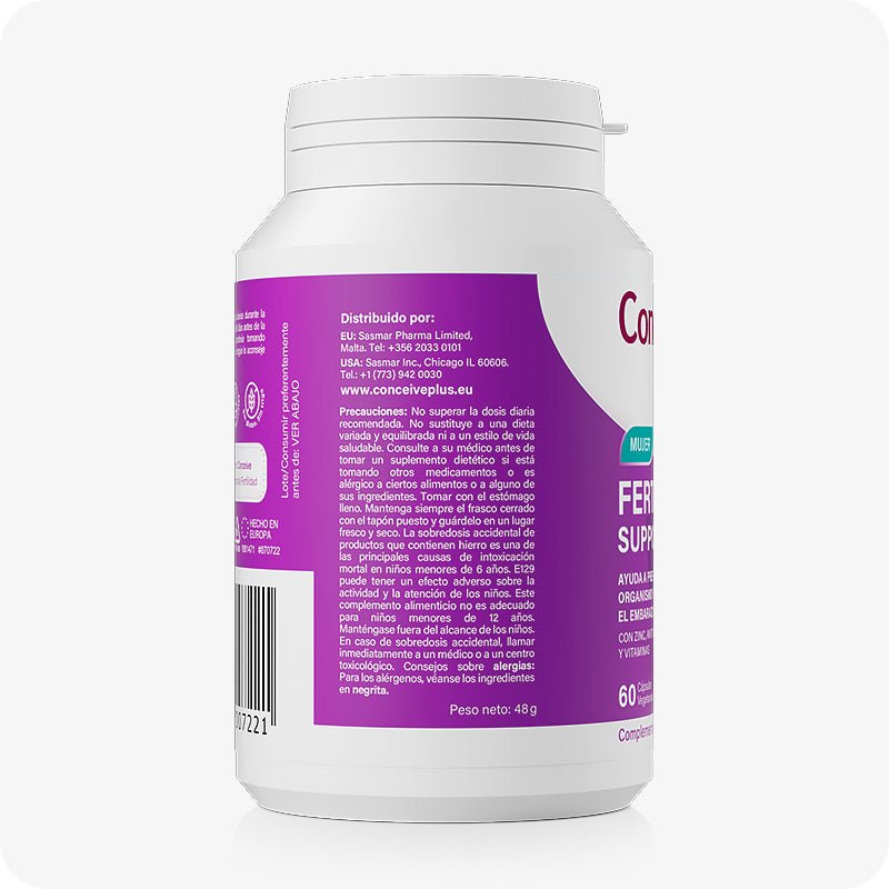 Conceive Plus Women's Fertility Support + Applicators (ES) showing side of fertility supplement bottle with Spanish safety warnings, distributor contact details, and a magenta-purple label design.