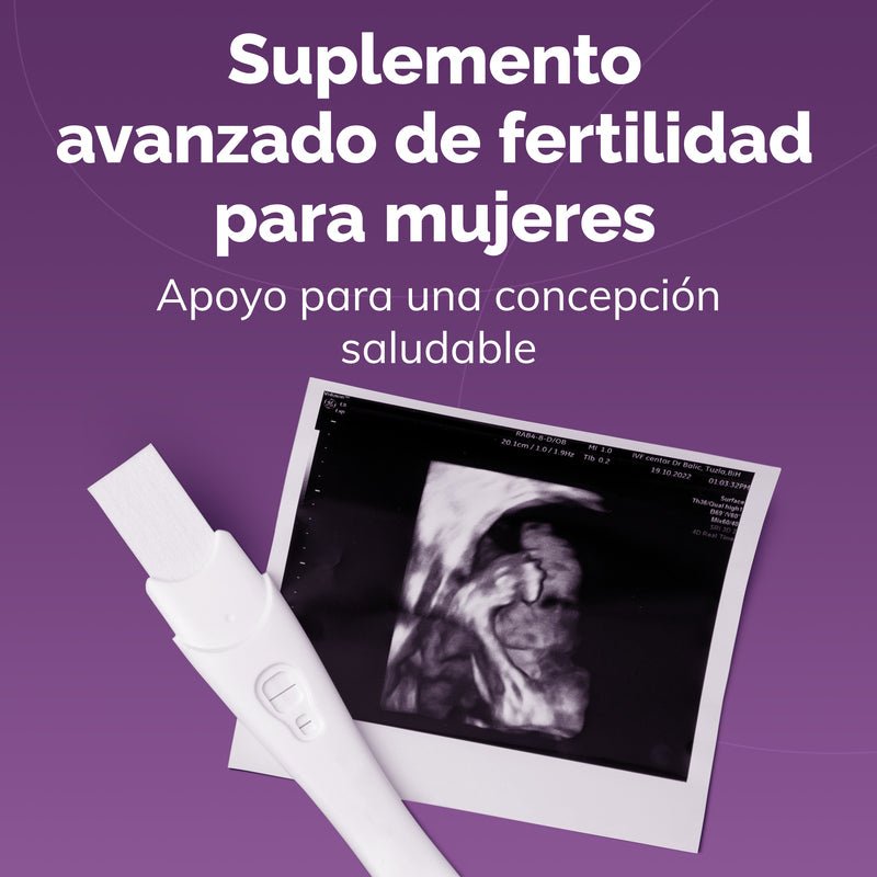 Ultrasound scan of a fetus with text about advanced fertility supplement for women on a purple background