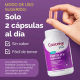 Conceive Plus fertility support supplement bottle with a hand holding a capsule on a purple background